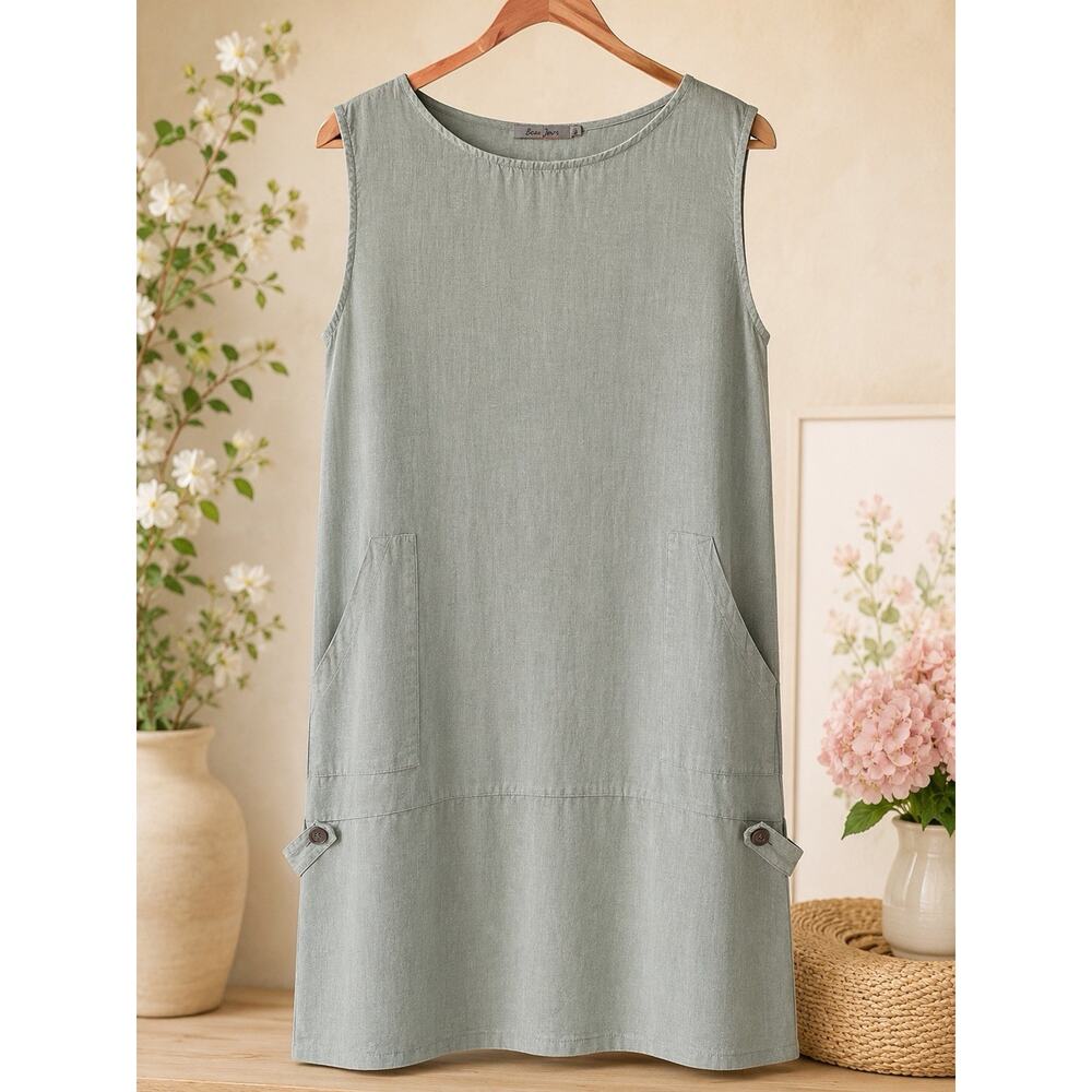 Beau Jours Dress Sage Linen Textured Sleeveless Lagenlook Size XL